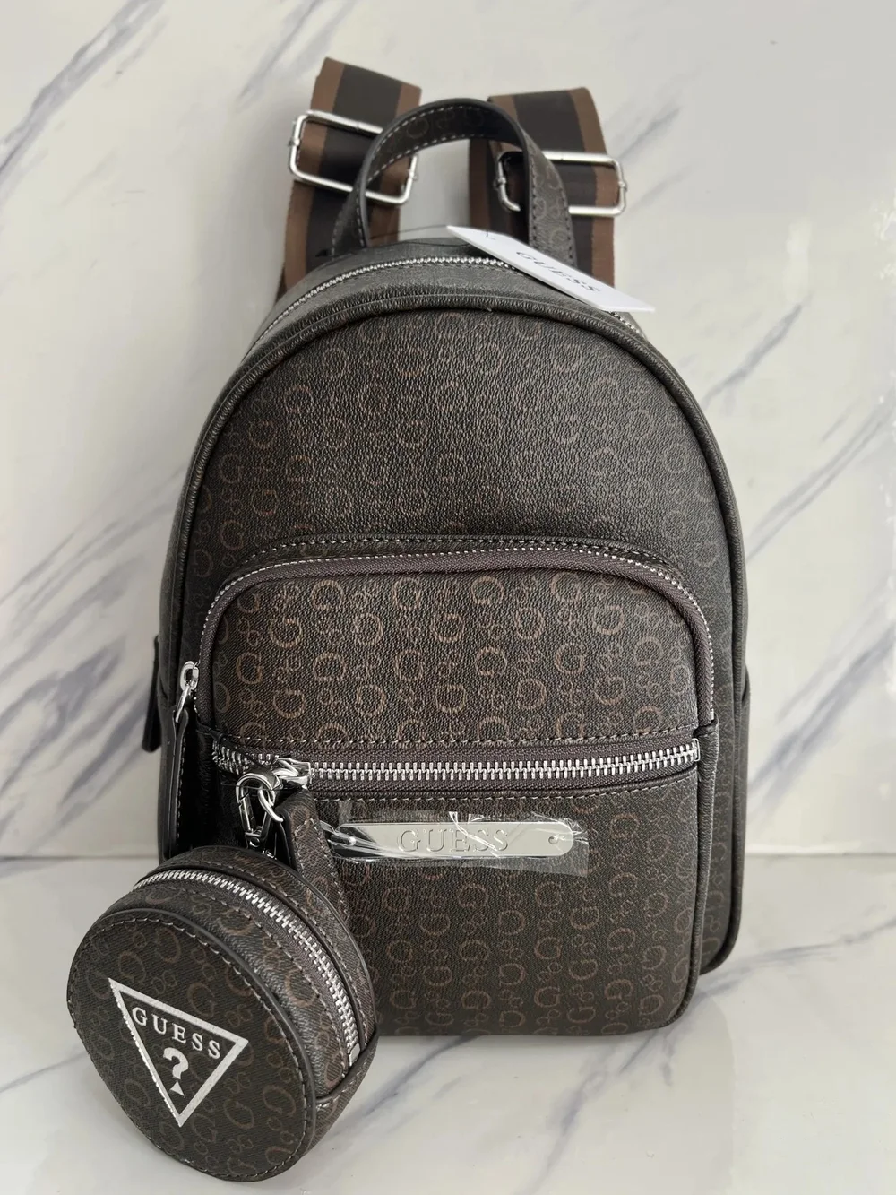 brown guess mini backpack GUESS Brown Logo Mini Backpack with Coin Pouch